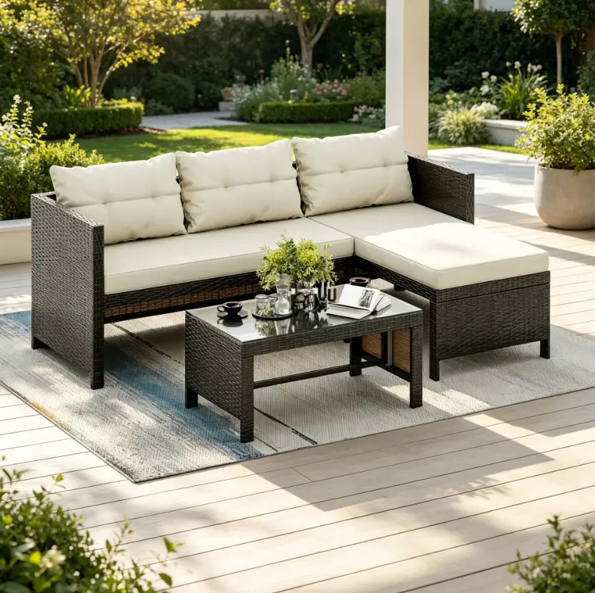 3-Piece Outdoor PE Rattan Furniture Set, All Weather Wicker Rattan Patio Conversation Sofas with Glass Coffee Table, Sectional counch, Beige