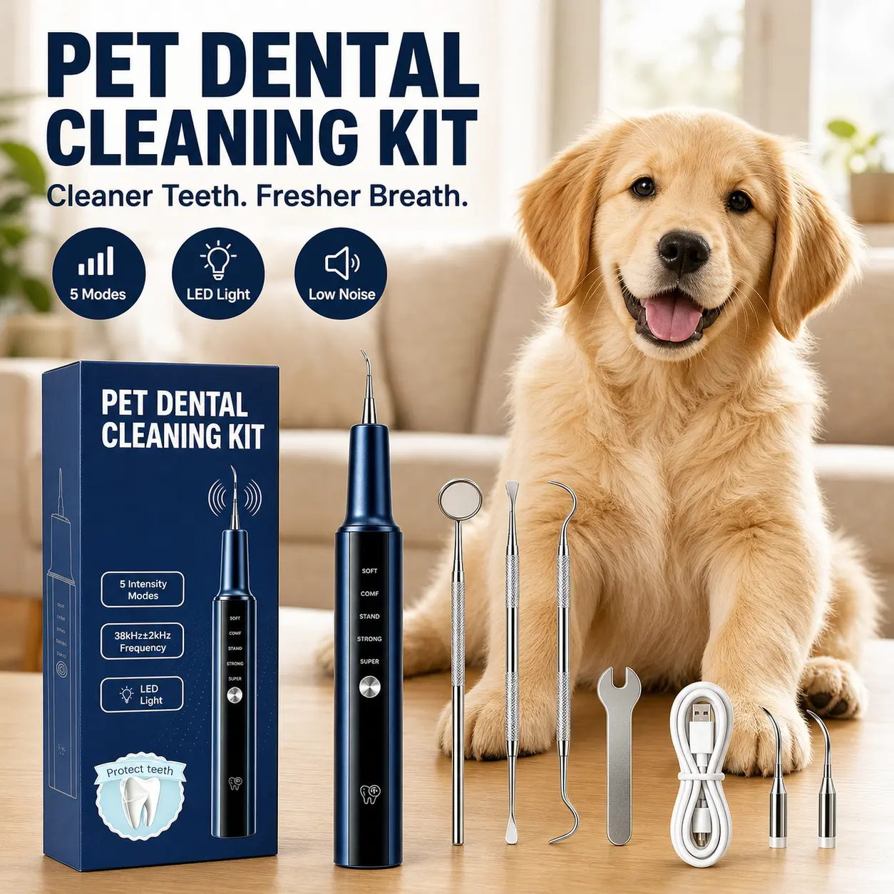 SmartWell Pet Ultrasonic Tooth Cleaner Complete Kit - LED Lights, 5 Modes, Type-C Rechargeable, Stainless Steel Plaque Removal Tool for At-Home Dog & Cat Oral Care