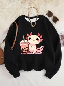 Girls Mexican Axolotl Pattern Printed Crewneck Sweatshirt, Soft Polyester Long Sleeve Casual Pullover for Autumn Winter, Perfect Gift for Birthdays and School, Cute Animal Sweatshirt