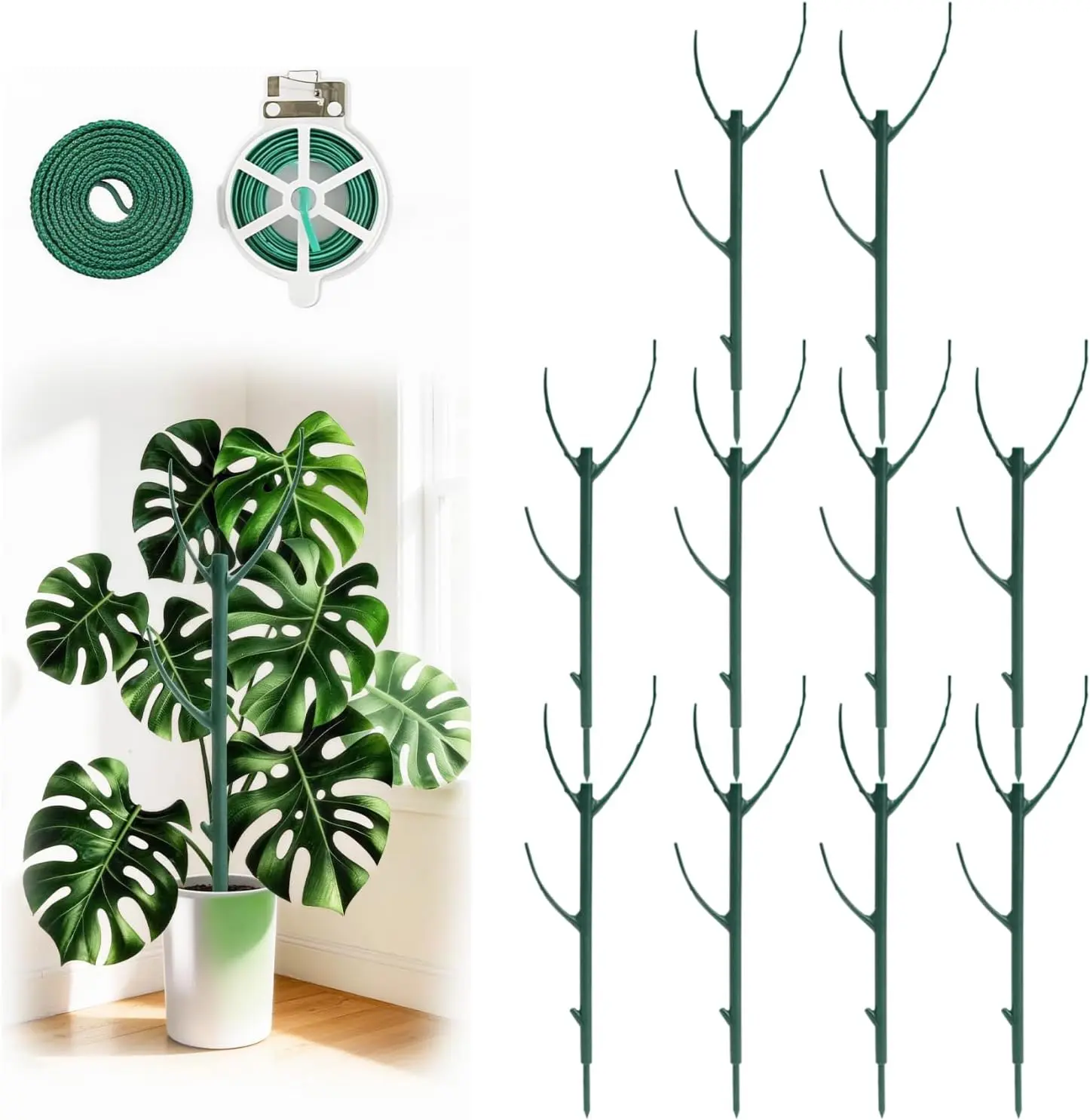 10-Pack Stackable Plant Support Stakes, 75in Climbing Sticks with Garden Ties, Durable Moss Pole Alternative for Monstera, Indoor Outdoor Garden Care & Support