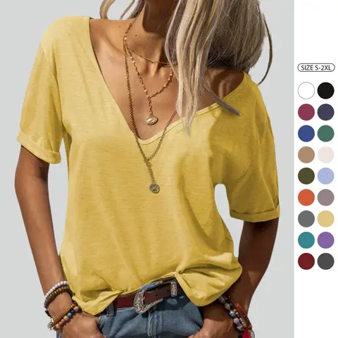 Imily Bela Women's Deep V Neck Shirt Loose Fit Casual Top Lightweight Minimalist Comfort Skinny Womenswear Streetwear Fitted Summervibes