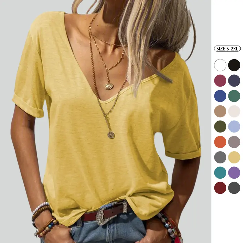 Imily Bela Women's Deep V Neck Shirt Loose Fit Casual Top Lightweight Minimalist Comfort Skinny Womenswear Streetwear Fitted Summervibes