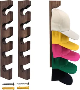 Wall-Mounted Hat Organizer 2 PCS Wooden Hat Holder with 5 Hooks for Baseball Caps Compact Design Easy Installation & Versatile Use for Cap Collection Display - Decor