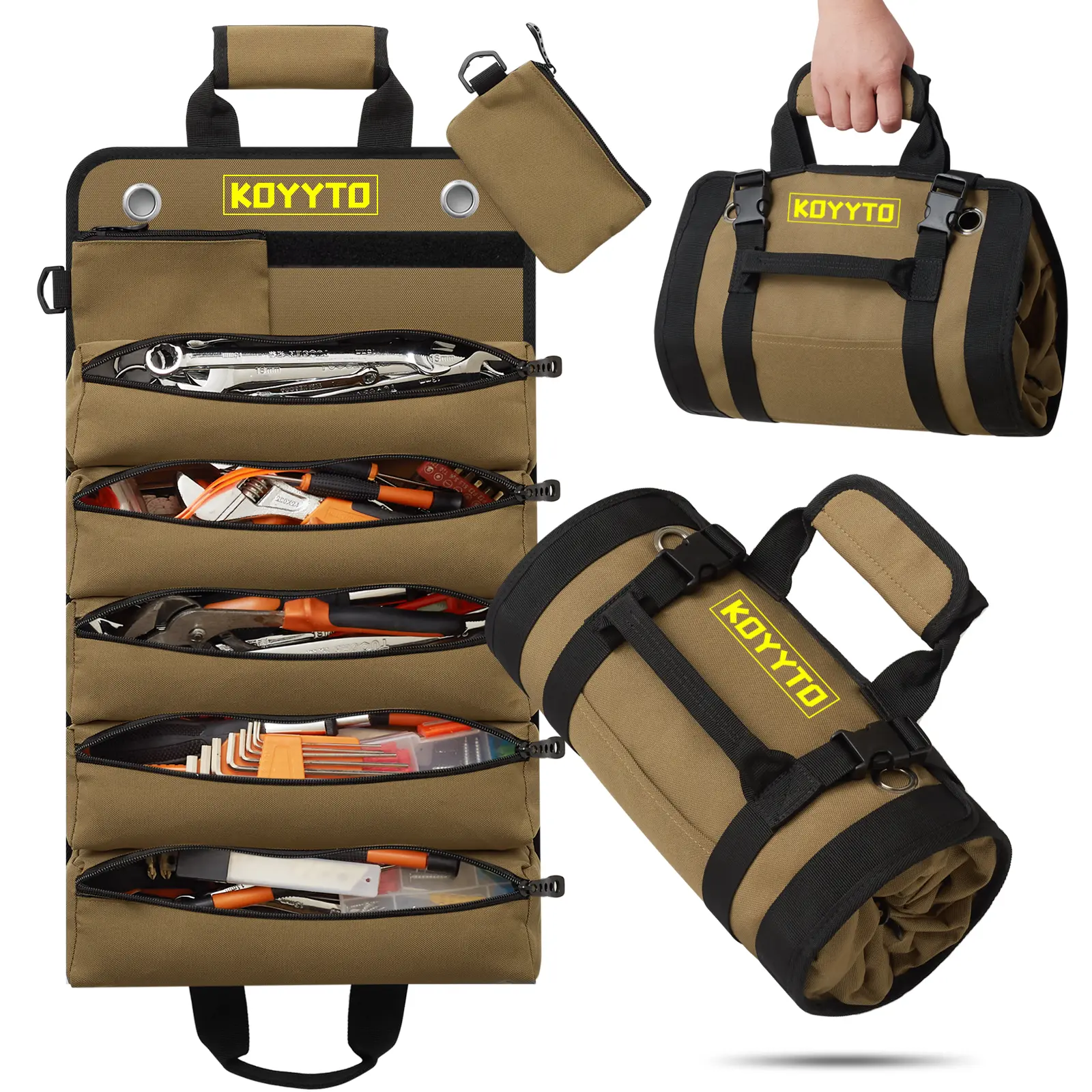 Premium Roll Up Tool Bag,Heavy Duty Small Tool Bag Storage with W/Detachable Pouches,Waterproof Oxford Cloth,Gifts for Dad Tool Roll Organizer For Motorcycle,Truck,Electrician,Mechanics etc Outdoorfun,Gifts for Men