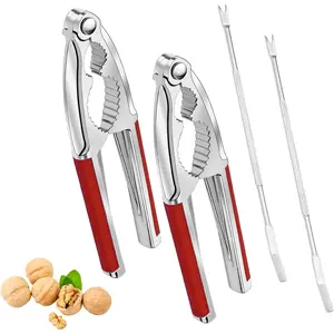 4 count Walnut Cracker Tools,  Nut Crackers Three Opening Clips Nut Shell Openers Tools for Seafood Cracker, Lobster Crab Non-Slip Handle Shell Cracker with 2 count Picks (red)