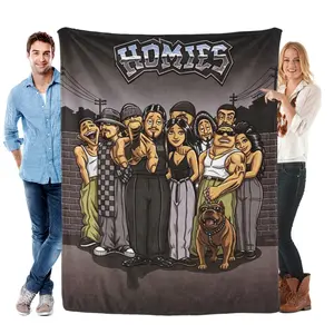 Homies Lowrider Cartoon Flannel Blanket, Classic Chicano Style Throw Blanket, Soft Cozy Urban Street Art Fleece Blanket, Lightweight Warm Blanket for Fans, Sofa Bed Couch, Perfect Gift for Homies Lovers