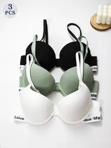 3-piece underwire push-up bras with "Love life" lettered beautiful back straps, adjustable shoulder straps + breathable and sweat-wicking + anti-slip design, natural shaping, suitable for parties / sports / daily wear!