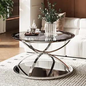 Round Coffee Table 31.5 inch 2-Tier, Modern Gray Tempered Glass Coffee Table with Ring Frame, Heavy Duty 150 lbs Weight Capacity, Easy Assembly Living Room Center Table for Apartment, Silver
