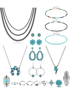 Turquoise Jewelry for Women Bohemian Western Jewelry Set Navajo Pearl Necklace Beaded Choker Necklace Turquoise Earrings Bracelet Vintage Knuckle Rings Boho Western Jewelry for Women