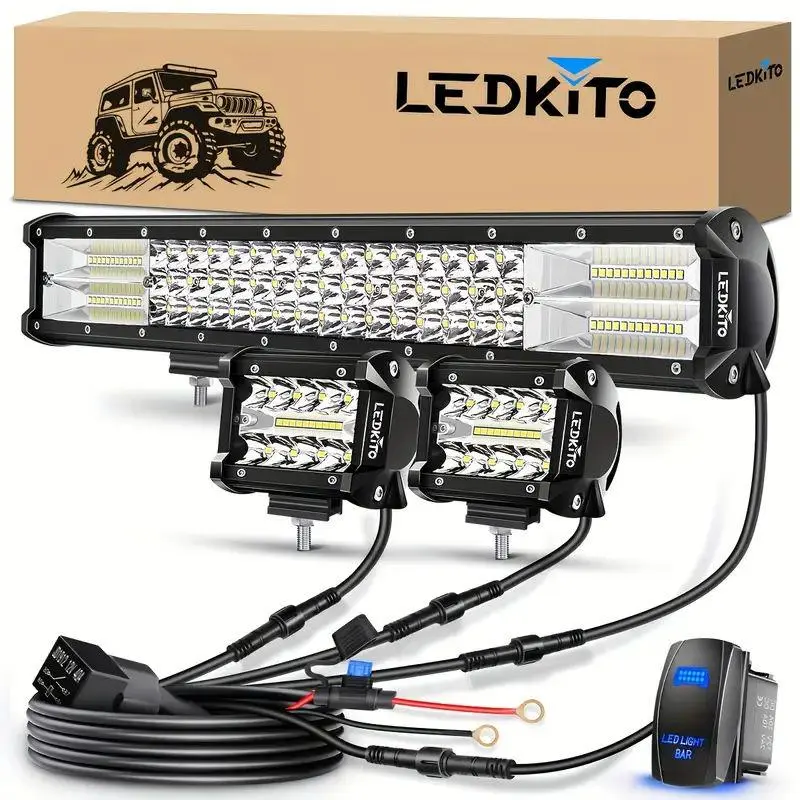 LEDKITO 1x 20" Triple Row Flood Spot Combo Aluminum LED Light Bar Kit with 4" Cube Pods, 3-Pin Rocker Switch Wiring Harness, Brackets - 180pcs Led Lights for Off Road Cars, Trucks, Boats, Led Lights Car, 1X 20" Led Light Bar