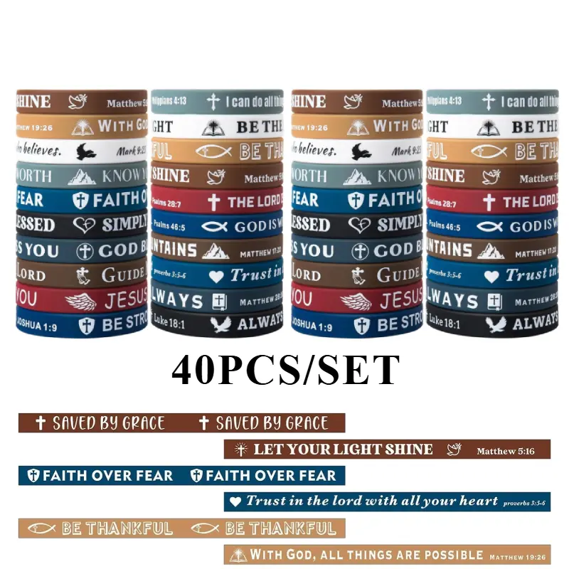 Faith-Based Silicone Wristbands for Women, 40-Pack with Bible Verse Engraving & Cross Print, Body-Safe Religious Jewelry Gifts for Events, Christian Cross Print Bracelets & Bangles, Bible Verse Engraving Bracelets & Bangles, 40Pcs, Body-Safe Silicone Brac