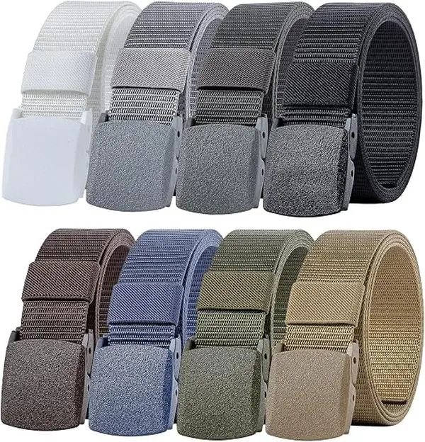 8-Pack 47“ Nylon Military Tactical Web Belts – 1.5” (3.8 cm) Canvas Webbing with Non-Metal Plastic Buckle, Holeless Cut-to-Fit for Waists ≤45", 8 Color (Black/Olive/Khaki/Gray/Blue/Brown/Camo/Navy) Outdoor
