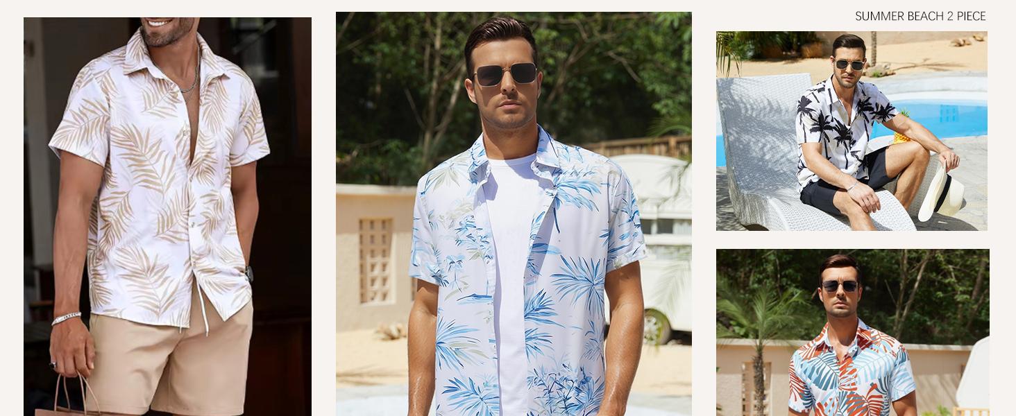 Gihuo (Runs Small) Men’s 2-Piece Tropical Print Set – Hawaiian Short Sleeve Button Down Shirt & Shorts, Breathable Summer Beach Outfit, Elastic Waist Casual Tracksuit, Stylish Men’s Vacation Wear Gamis Formal Shortsleeve Clothes Menswear Loose Top