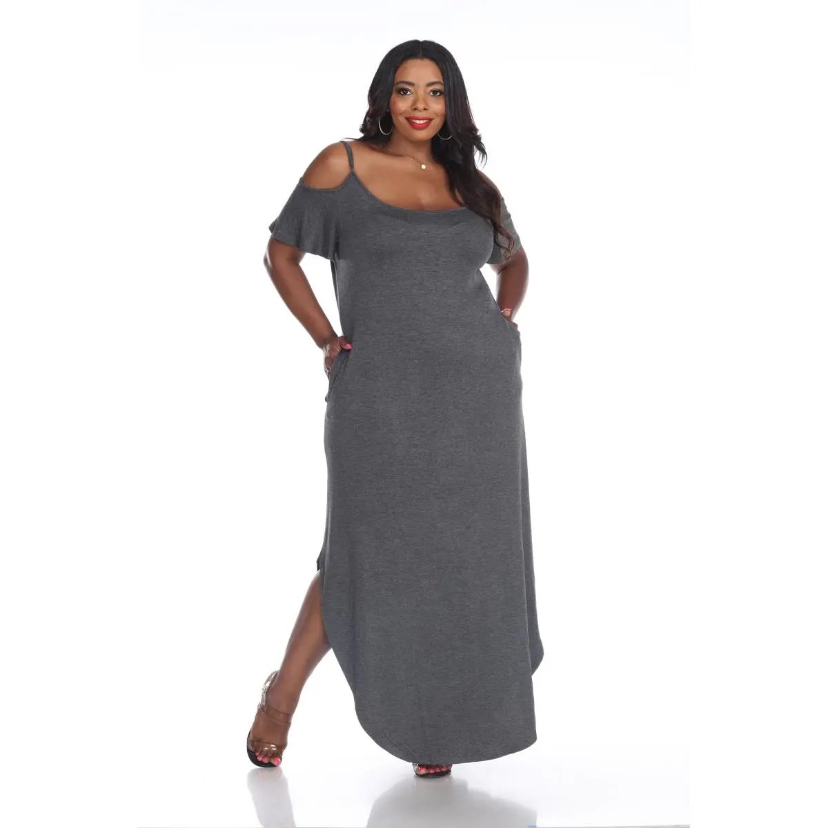 White Mark Maternity Dress, Soft Stretch Cold Shoulder Maxi with Ruffle Short Sleeve and Pockets, Flowing Skirt to Dress the Bump, Maternity Clothing, Spaghetti Strap, Split, Bump-Friendly, Cutout Shoulders, Floor-Length