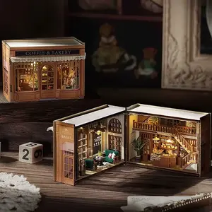 Coffee & Bakery Dollhouse Kit - Miniature Wizardi Roombox Kit with LED Light F07M51-63-MINI-111