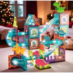86PCS Dinosaur Magnetic Tiles Figures Combo Set - Magnetic Stacking Tiles, Light-Up Slides, Glow Ball Run, STEM Educational Track Building Blocks, Creative Construction Toy, Holiday Gift for Kids