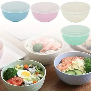 4 Pcs Wheat Straw Cereal Bowls with Dust-Proof Lid, Resuable Bowls for Kitchen, Microwave and Dishwasher Safe, for Soup, Oatmeal, Ramen, RV, Camping, Kids, College Dorm Room