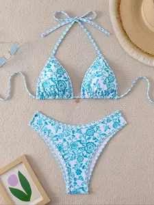 Women's Floral Print Bikini Set, Casual Fashion Chic Swimsuit Set, Ladies Swimwear for Holiday Vacation, Bathing Suit, Swimsuits Bikinis, Summer Beach Bikini, Floral Bikini Top & Floral Bikini Bottom, String Swimsuits, Bikinisets