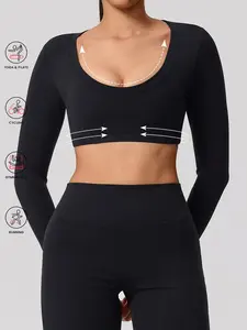 1 count Only Long-sleeved Tops Women's Backless Hollow Design Long Sleeve Athletic Top, Breathable Elastic Yoga Shirt with Removable Bra Padding, U Neckline and Crop Style for Fitness Pilates Yoga Wear