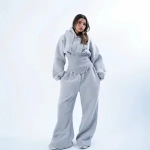 Cozy Grey Hooded Sweatshirt & Wide-Leg Pants Set for Women - Soft Fleece Material & Comfortable Fit Womenswear Clothes