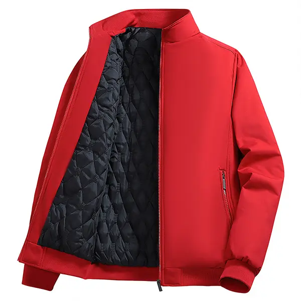 Men's Casual Red Quilted Cotton Jacket - Stand Collar, Full Zip Closure, Trendy Winter Layered Style, Versatile for Everyday Outdoor Wear