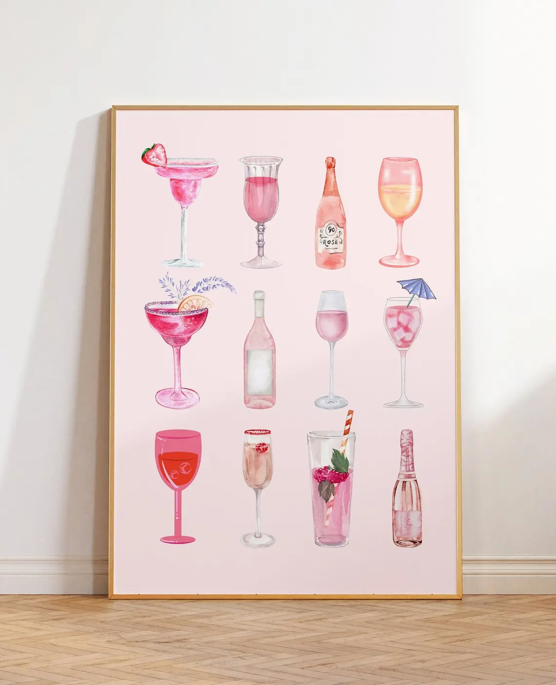 Retro Champagne Cocktail Poster, Aesthetic Girly Bar Cart, Preppy Pink Posters, Wine Bottle Cute Girly Poster