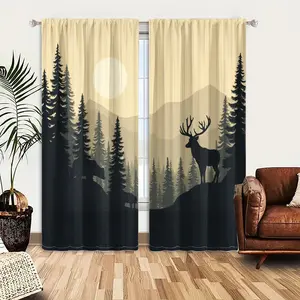 2pcs Window Curtains, A serene forest landscape with silhouetted trees, mountains, a sun, and wildlife including a deer, a bear, and its cub.Window Drapes for Bedroom Living Room, Rod Pocket Window Treatment, Home Decoration Curtain