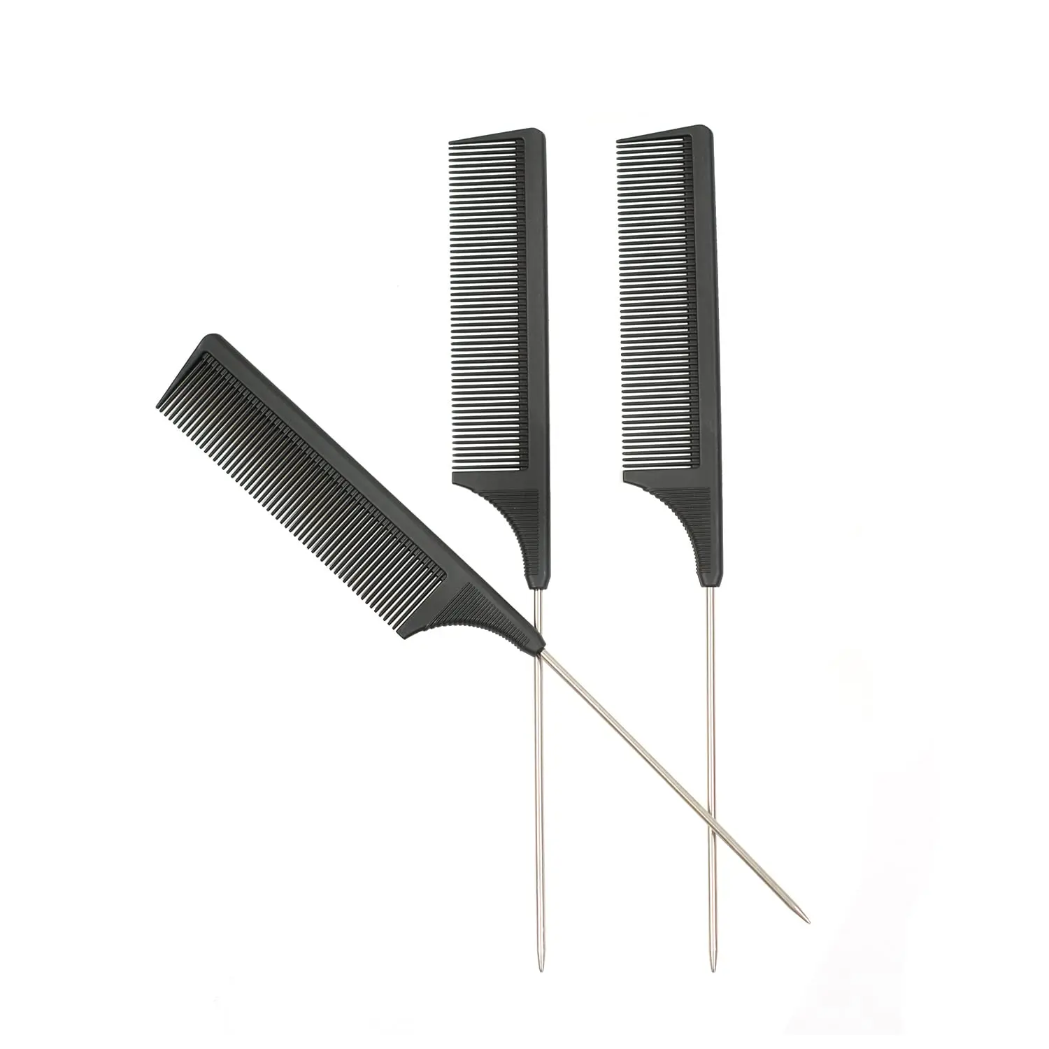 3 Pcs Rat Tail Combs Carbon Fiber Heat Resistant Teasing Hair Combs with Stainless Steel Pintail for All Hair Types (Black) Hair Tools