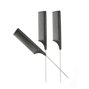 3 Pcs Rat Tail Combs Carbon Fiber Heat Resistant Teasing Hair Combs with Stainless Steel Pintail for All Hair Types (Black)