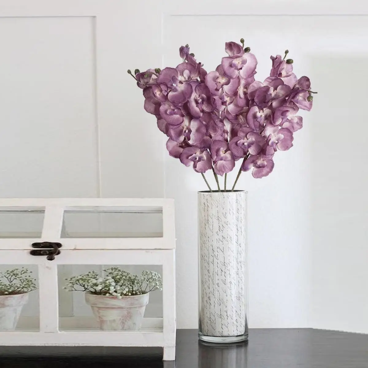 Silk Fake White Phalaenopsis Orchid Stems, 6-Pack Latex Silk 26.7in Realistic Eternal Flower Bouquet, Decorative Flowers for Home Decor, Balcony Ornament, Fake Flowers