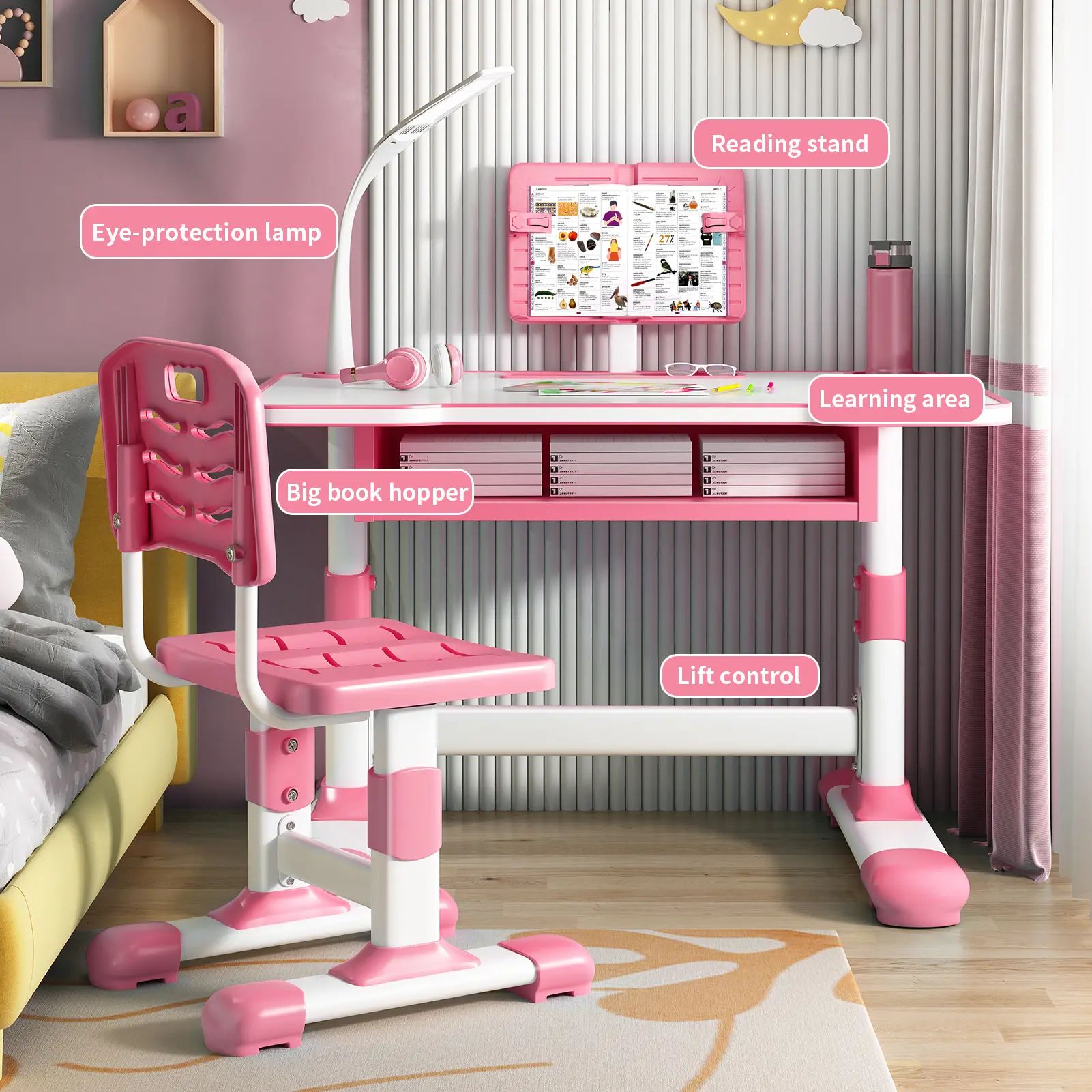 Toddlers Writing Table Kids Study Desk Chair Set, Height Adjustable Toddlers Writing Table with Tiltable Reading Stand LED Table Light, Living Room Bedroom Children Learning Table with Extra Large Drawer