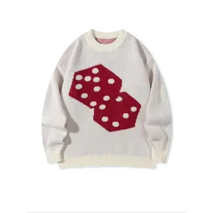 Men's Dice Print Crew Neck Sweater, Loose Casual Long Sleeve Jumper for Fall & Winter, Fashion Men's Knitwear for Daily Wear