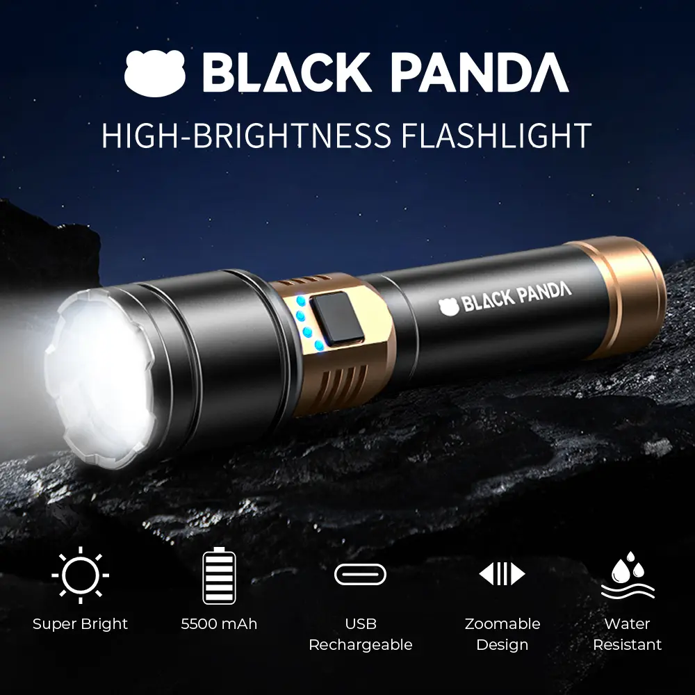 Panda  Flashlight Fresnel Lens Fire Starter Super Bright 5500 mAh USB Rechargeable Zoomable Water Resistant