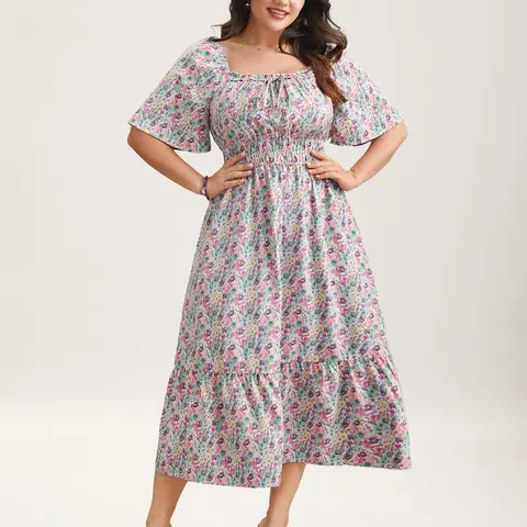 BloomChic Smocked Waist Floral Ties Tiered Maxi Dress 【M-6XL】