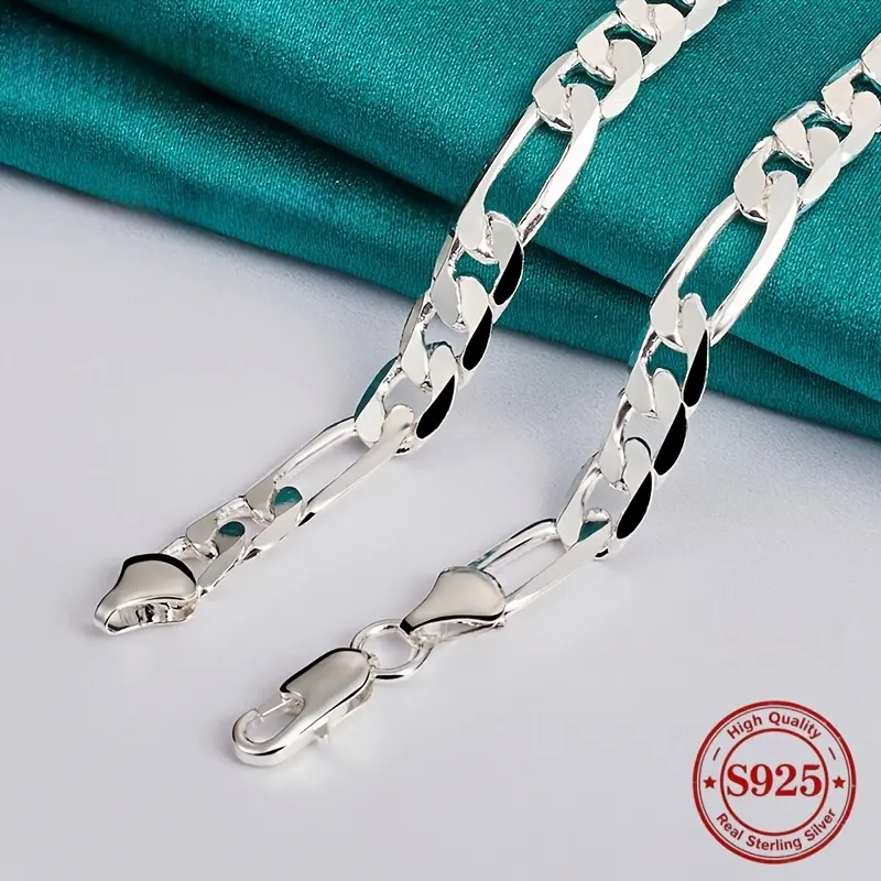 925 Sterling Silver Figaro Necklace, Independent Studio Design, Italian Craftsmanship, Fashion Minimalist, Perfect For Gift-giving, Valentine'S Day, 8mm Wide, 18-24 Ihes