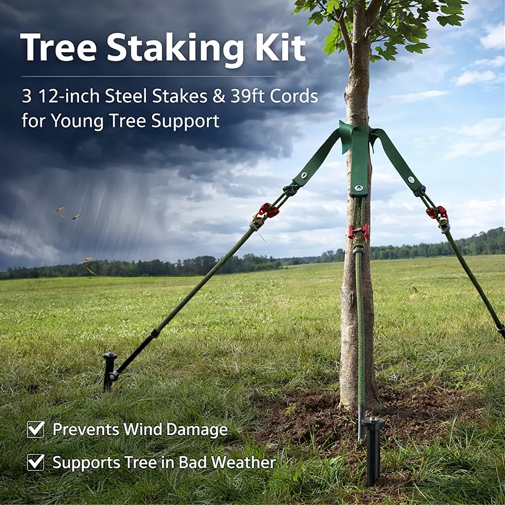 Outdoor Tree Staking Kit (3-Pack) - 3 Steel Stakes, Heavy Duty Steel Spikes, Adjustable Tree Straps, 39ft Ropes, 12 Inches Deep, 310kg Load Capacity, Gentle on Bark, Windproof Support for Newly Planted Saplings