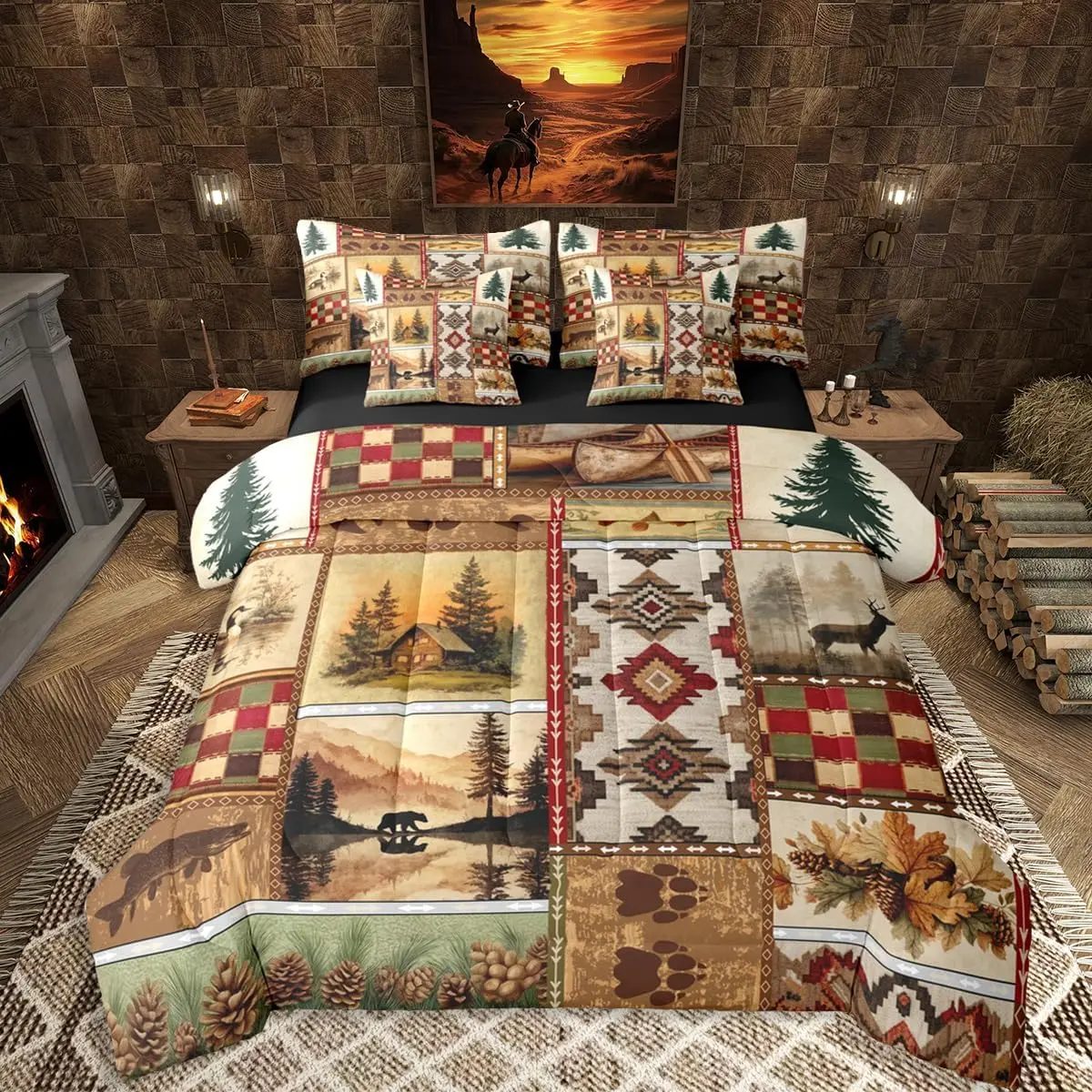 Rustic Cabin Comforter Set,7 Pieces Farmhouse Lodge Bedding Set,Wildlife Woodland Bear Deer Comforter with Sheets s Adults Men Retro Plaid Country Bed In A Bag,Brown Green