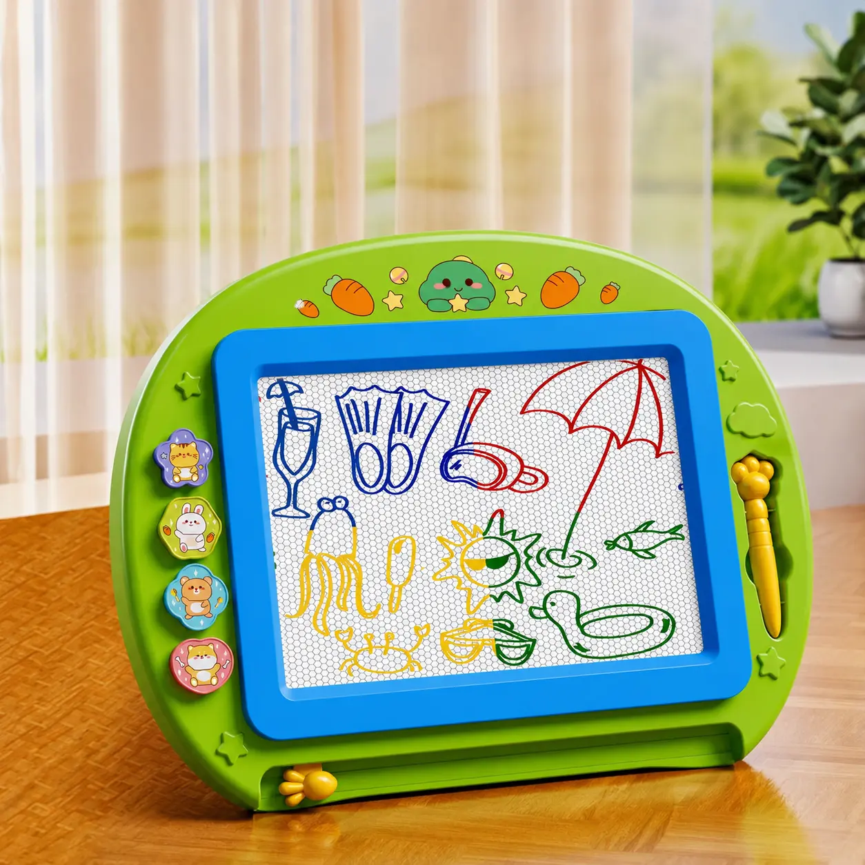 Toddler Magnetic Doodle Board - Safe Early Learning Creative Play Tool for 2–3 Years Toddlers, Wipe-Clean Plastic Frame, Round Magnetic Surface, Reusable Sketchpad, No Battery Needed, Includes Stamps & Brushes