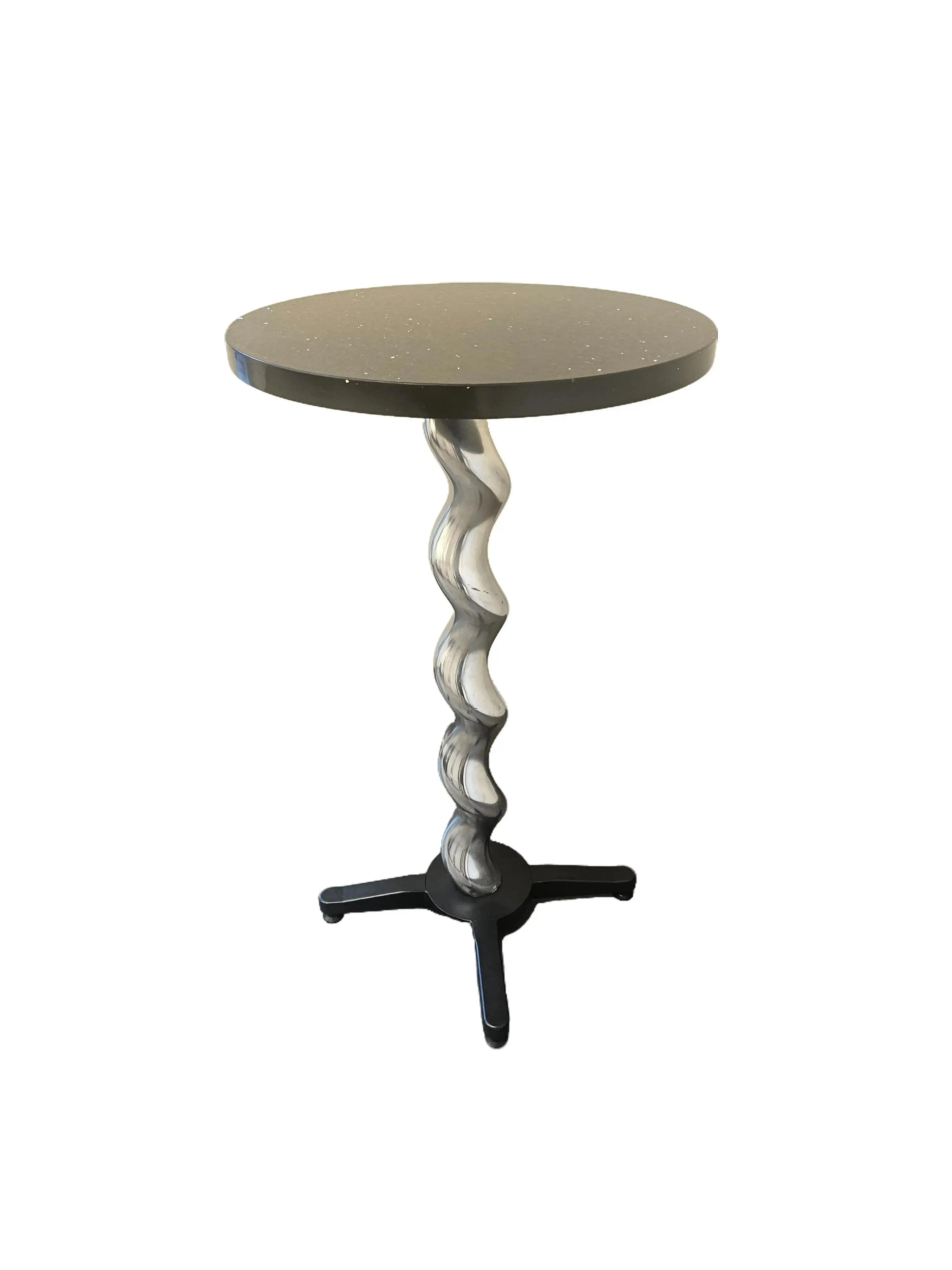 Black Quartz Top 20" Diameter 34" Tall Pedestal Display Table with Reclaimed Industrial Chrome Base Unique Design & Local Artistry