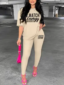 Two-Piece Set Matching Clothing Set Women's Letter Print Crop Tee & Skinny Pants, Casual Fashion Cozy Breathable for Daily Wear, Ladies Summer Clothes, Suits