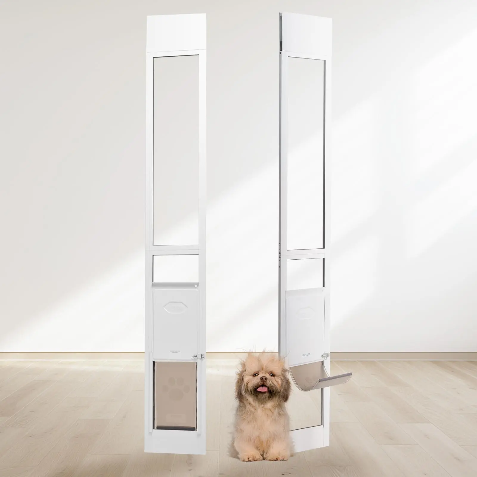【SummerFinds】VEVOR Dog Door for Sliding Glass Door,  75 7/8"-80 11/16" Adjustable Height Doggy Door for Sliding Doors, Aluminum Frame Tempered Glass Pet Door with Hinge Structure Flap and Lock for Small-Sized Dogs