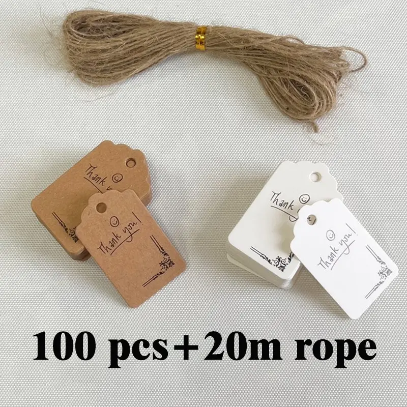 100pcs Universal Labels, 2x1.2 Inch Thank You Tags with 20m Jute Rope, Writable Leather Card Paper, Perfect for Party Holiday Gifts