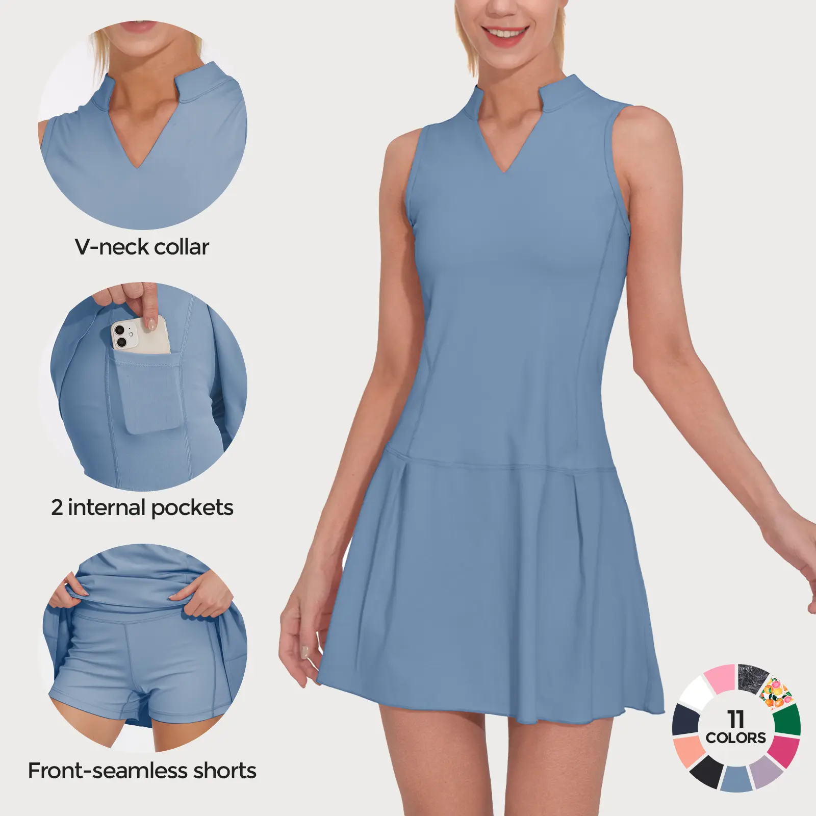 Moteepi Athletic Workout Dress for Women Sleeveless Womens Golf Dress Tennis with Shorts and Pockets  Breathable Stretch Quick Dry Casual Active All Seasons Sport Dress for Golf Tennis Workout Travel Daily Wear,easy peasy