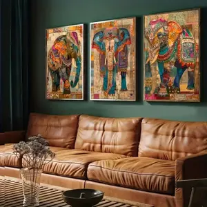 3 Pieces Optional Wooden Frame Indian Elephant Canvas Art Print Wall Art Painting Vibrant Mandala Artistic Wall Decor Suitable for Home Bedroom Studio Bohemian Style Wall Poster