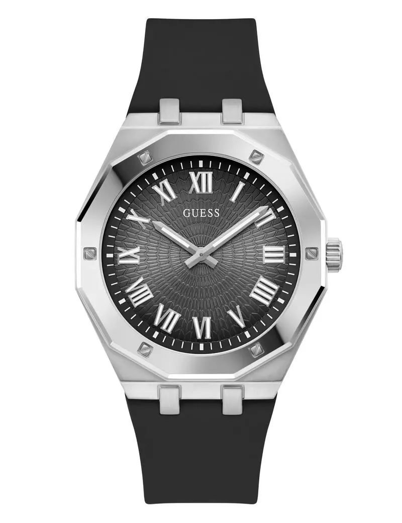 GUESS Men's Bold Look Watch with Black Silicone Strap, 42mm Stainless Steel Case, Quartz Analog Display, 50m Water Resistant, Male Wear, 30M - 50M