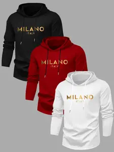 Men's 3-Piece Set Letter Print Hooded Long Sleeve Fitted T-Shirt, Fall Winter Outdoor Casual Versatile Top, 3-Pack