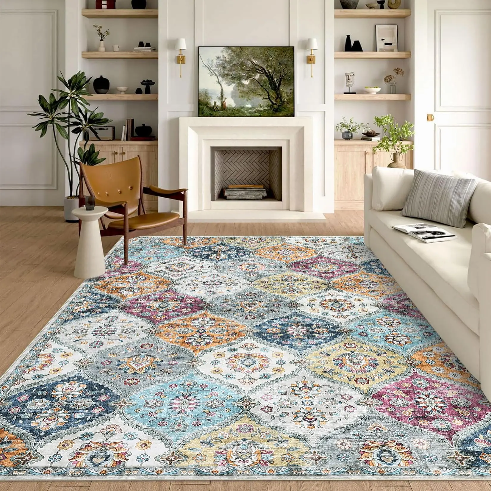 GARVEE Area Rugs 10x13 Large Washable Indoor Carpet with Non-Slip Backing, Stain Resistant and Low Pile Faux Wool Accent Oriental Carpet, Vintage Printed Rugs for Living Room, Bedroom, Yellow Purple