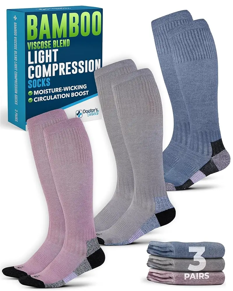 Doctor's Select Unisex Mild 8-15 mmHg Knee High Sports Compression Socks for Adults - 3 Pairs, Cooling Circulation Boost, Gray, Blue, Rose