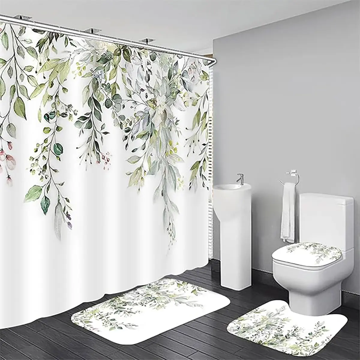 1/4pcs Spring Sage Green Eucalyptus Pattern Shower Curtain Set, Bathroom Shower Curtain Sets, Shower Essentials, Bathroom Decoration Accessories, with non-slip mat, U-shaped rug, and toilet seat cover, with 12 shower curtain hooks