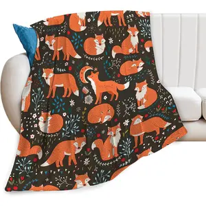 Cute Fox Blanket Funny Animal Fox Flower Decor Throw Blanket Fox Gifts Girls Boys Super Warm Soft Plush Lightweight Flannel Blanket Winter Couch Bedding Blanket Kids Women